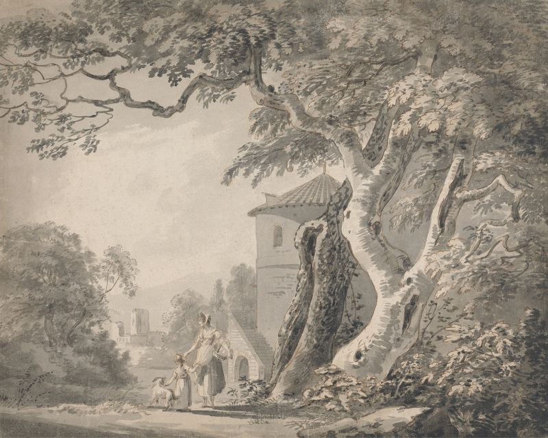 Paisagem romântica com figuras e um cão, aquarela sobre papel de Paul Sandby