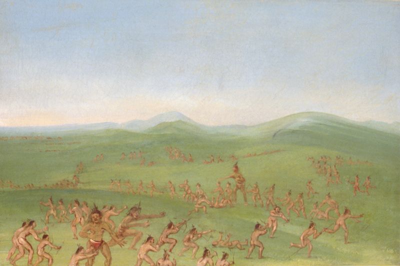 Sham Fight, Mandan Boys by George Catlin, oil painting of two boys in traditional attire engaged in mock battle.