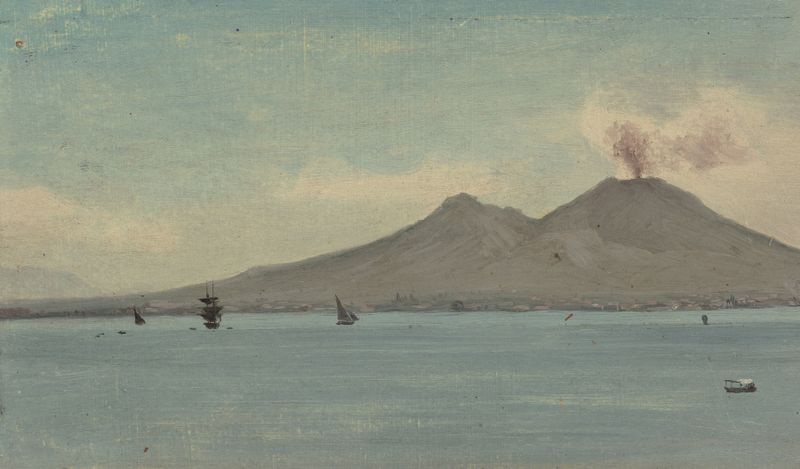 Vesuvius de Albert Bierstadt, pintura al óleo que representa un volcán y un paisaje exuberante.