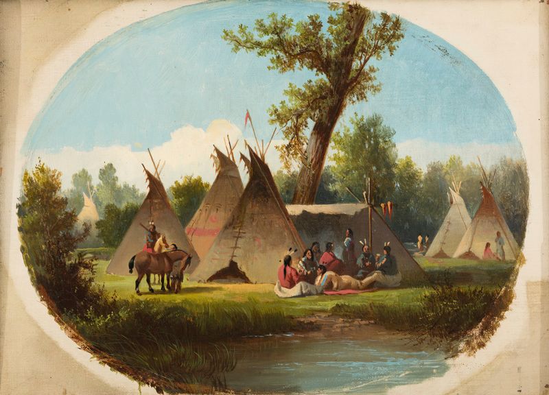 Assiniboin Encampment on the Upper Missouri de John Mix Stanley, pintura a óleo que retrata nativos americanos em um acamp...