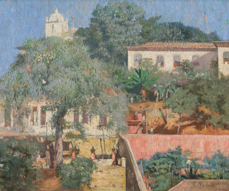 Paisaje postimpresionista de Eliseu Visconti, con follaje exuberante y elegancia vibrante