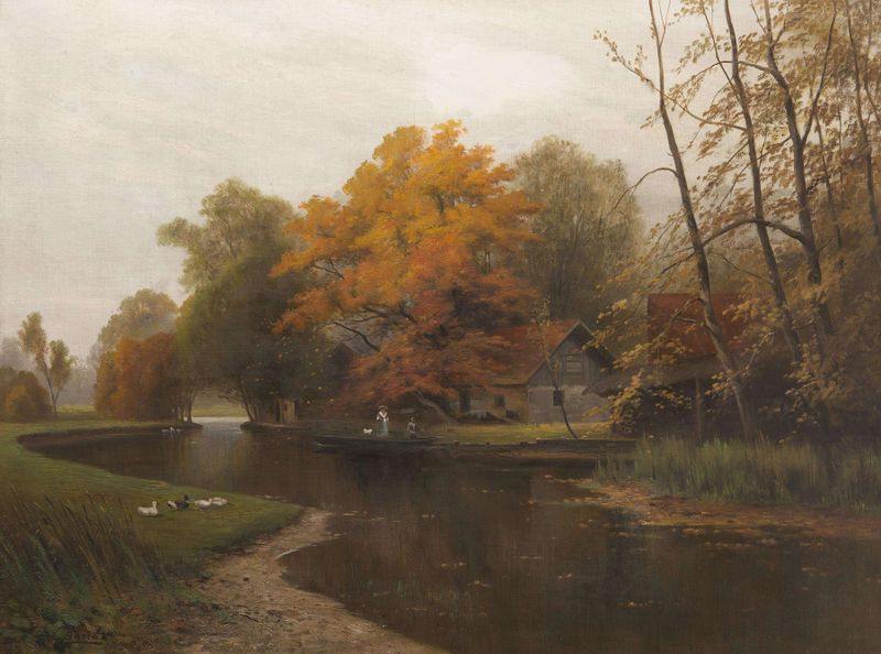 Autumn landscape with water reflections, oil painting by Ludvík Barták