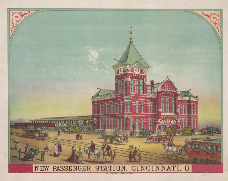 Lithograph by Krebs Lith. Co depicting the grand Cincinnati passenger station