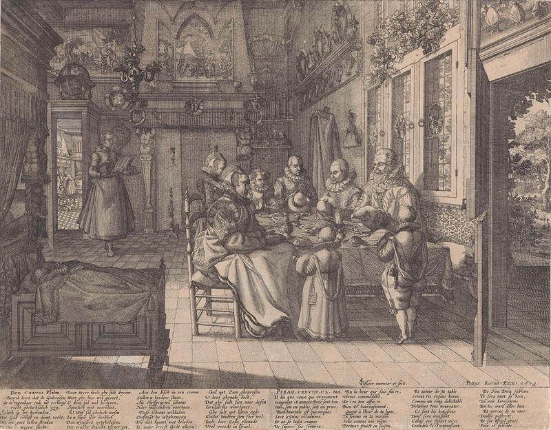 Grabado de Claes Jansz. Visscher (II) que muestra una familia en oración alrededor de una mesa