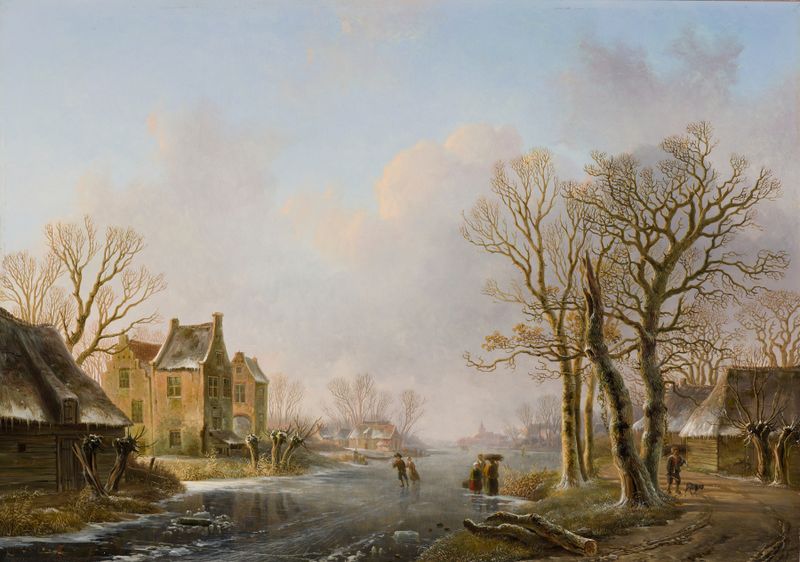 Skaters On A Frozen River by Willem de Klerk, oil painting depicting skaters on an icy river