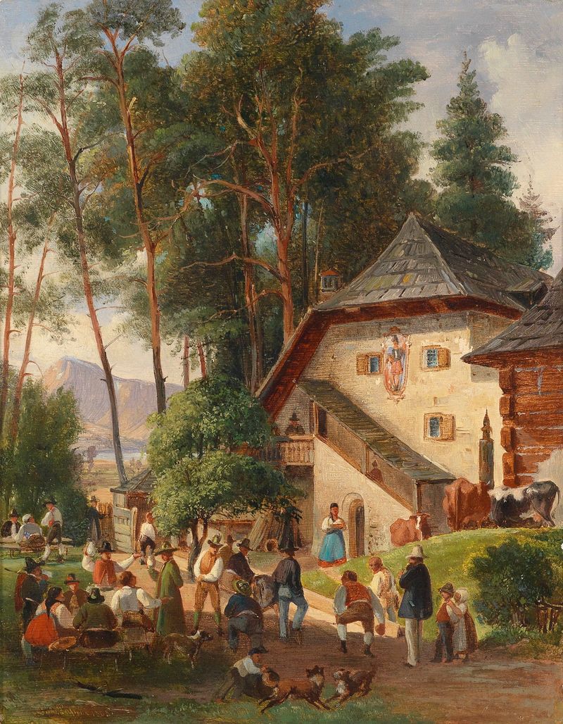Genre scene depicting a rural celebration under a tree by Johann Nepomuk Passini, oil painting