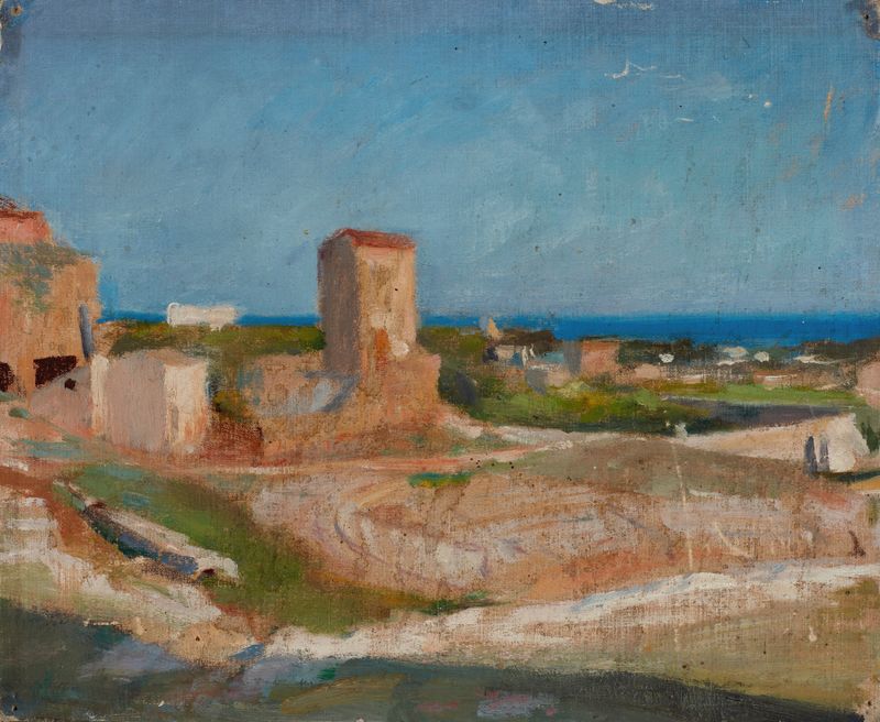 Syracuse (El Teatro Griego) de Jan Ciągliński, óleo sobre lienzo que muestra ruinas antiguas y luz solar.