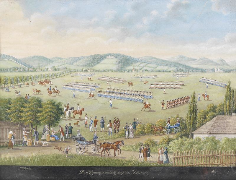 Landscape oil painting by Balthasar Wigand depicting an exercise ground with soft light.