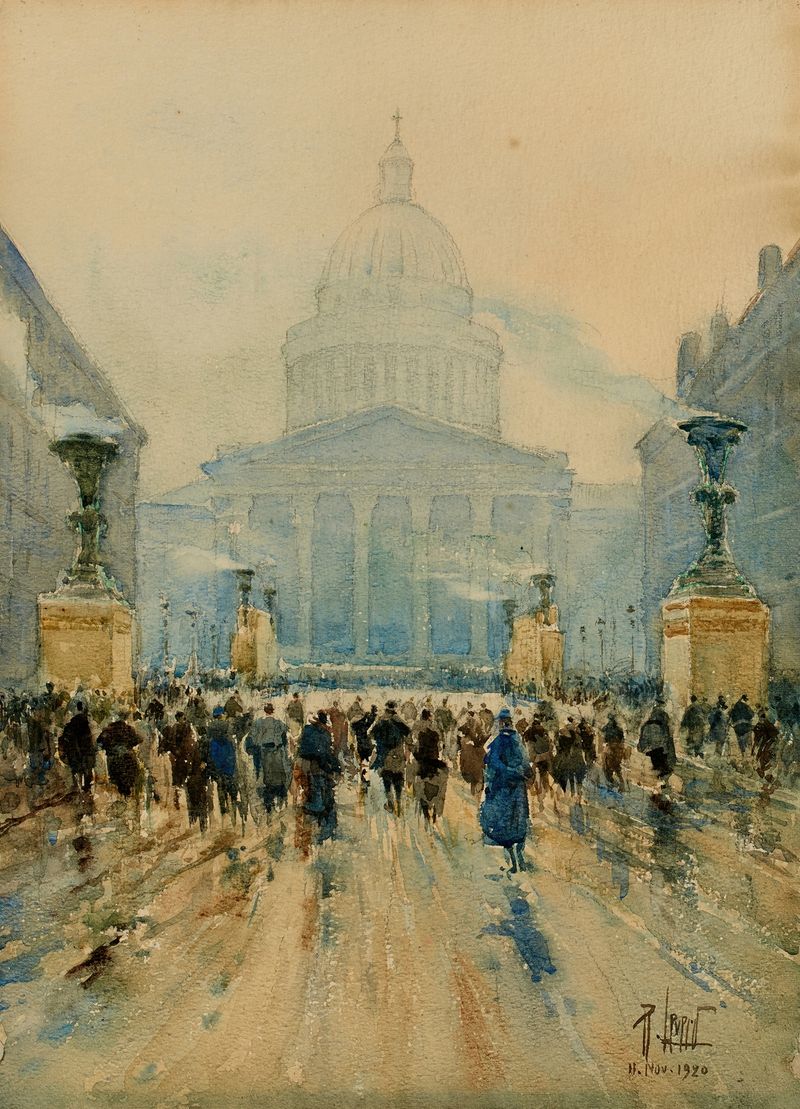 Le Panthéon, le 11 novembre 1920 de Réné Leverd, pintura a óleo que retrata a cúpula em luz suave.