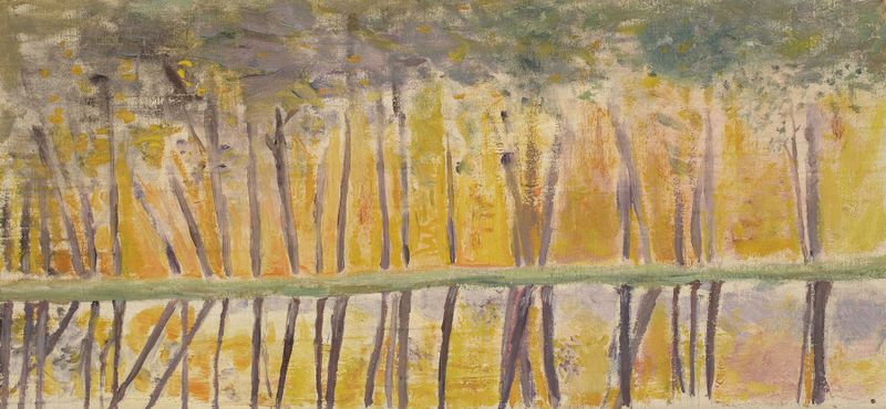 Reflet sur l’eau d’une haie d’arbres sous une lumière de couchant by Jeanne Jegou-Cadart, medium unknown