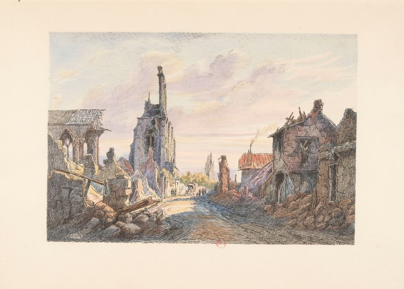 Soissons – La cathédrale et la rue de la Buerie by E. Tatin, oil painting depicting a cathedral and street.