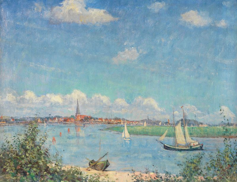 Paisaje que muestra ruinas y olas de Heinrich Linde-Walther, impresionismo
