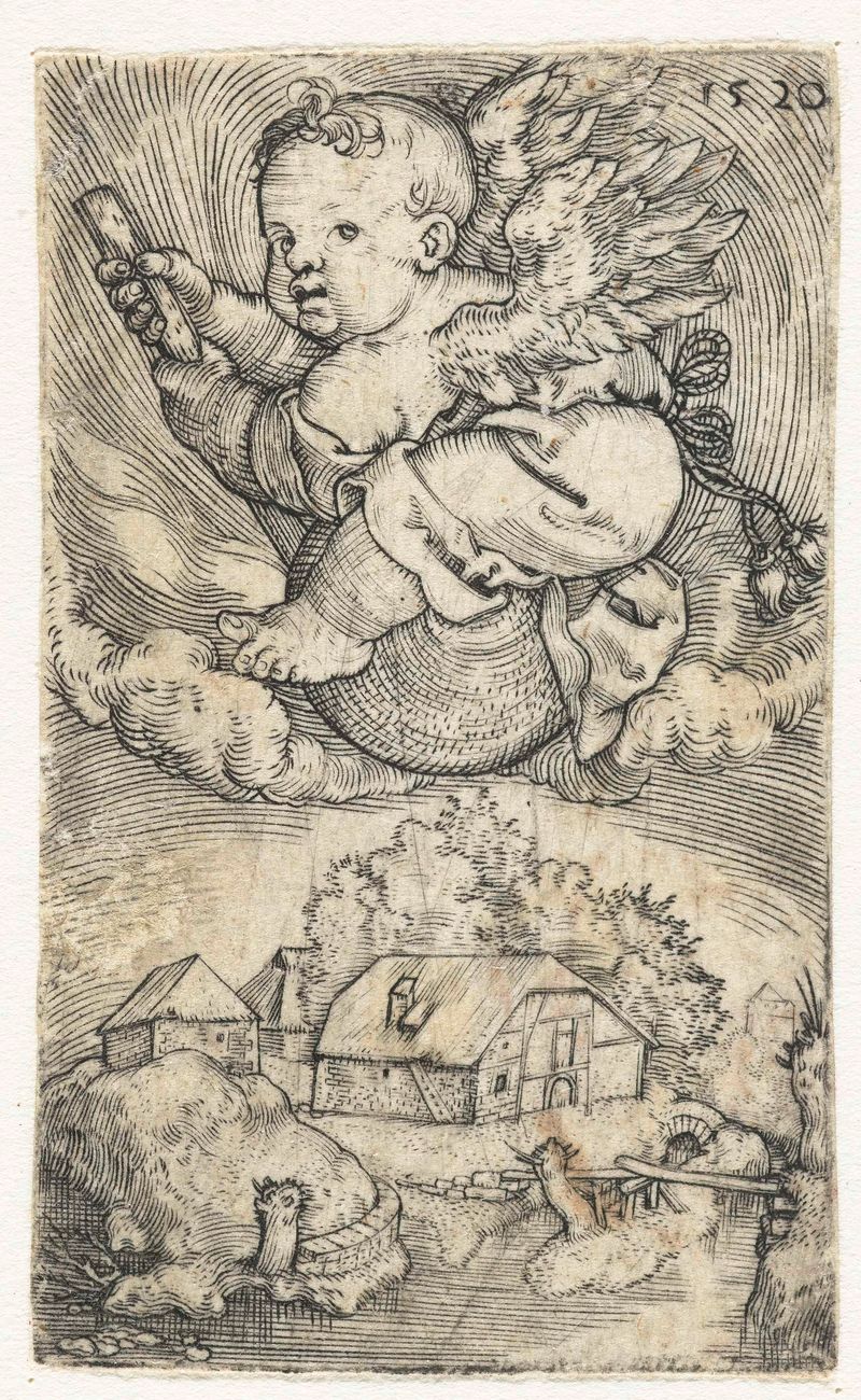 Gravura de Barthel Beham mostrando um pequeno anjo em um globo acima de uma paisagem.