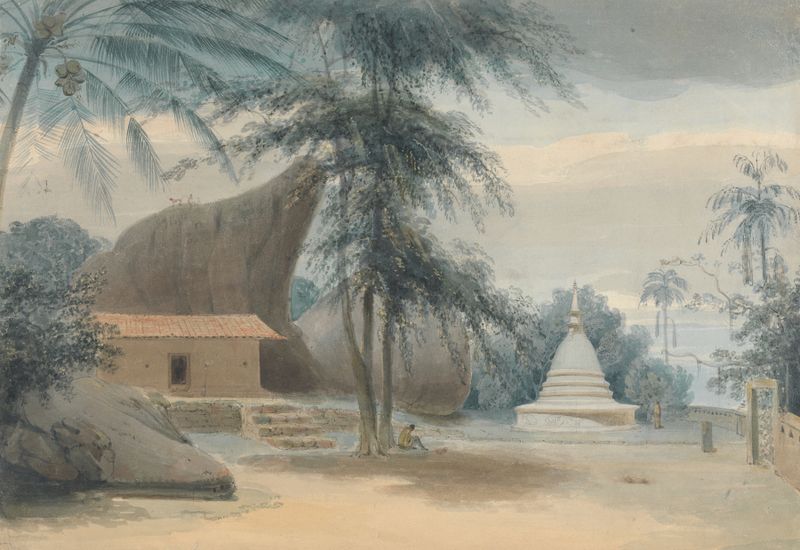 Aquarela de Samuel Daniell retratando uma paisagem tranquila com pôr do sol e costa.