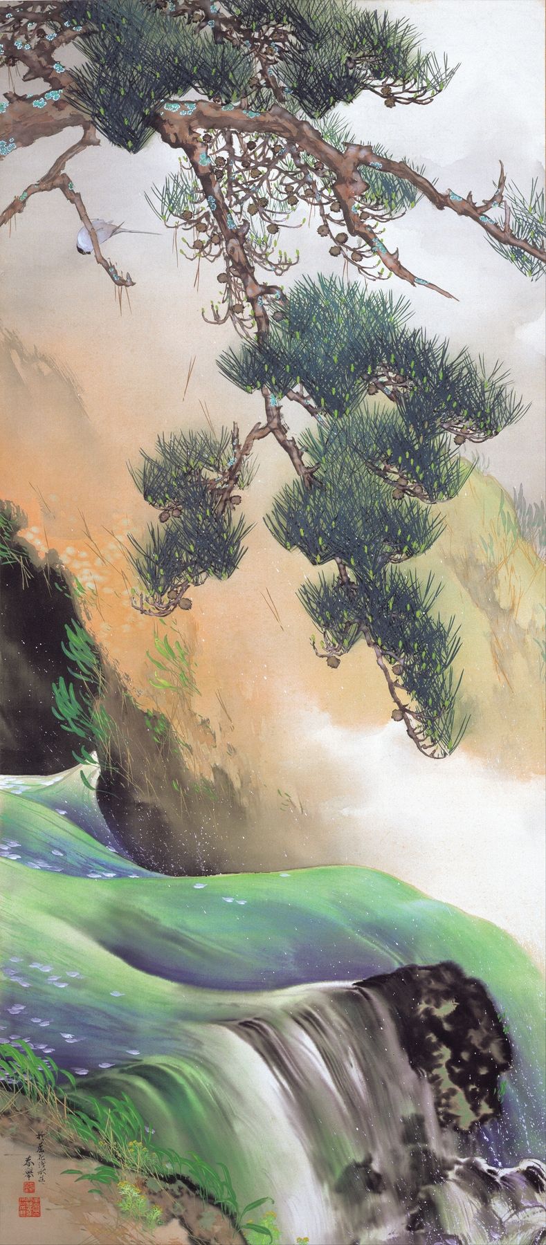 Spring of Mountain de Yamamoto Shunkyo, tinta sobre seda, retratando uma paisagem serena com montanhas e árvores.