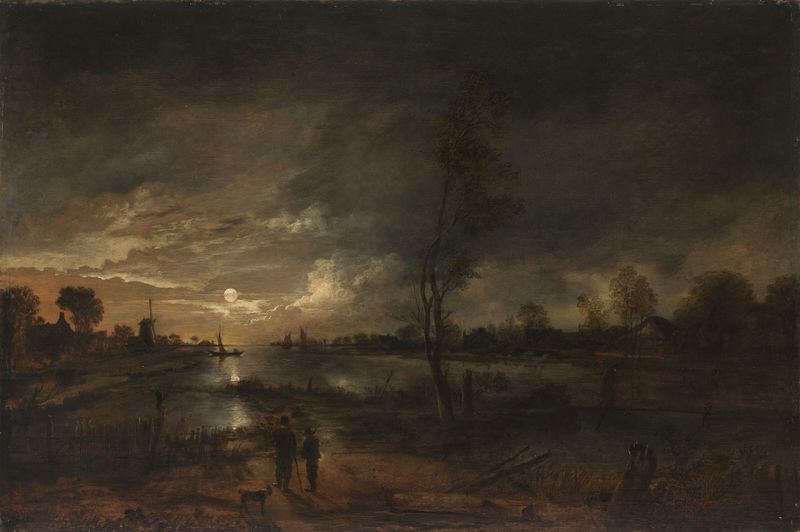 Un paisaje fluvial iluminado por la luna con figuras en la orilla, óleo sobre lienzo de Aert van der Neer