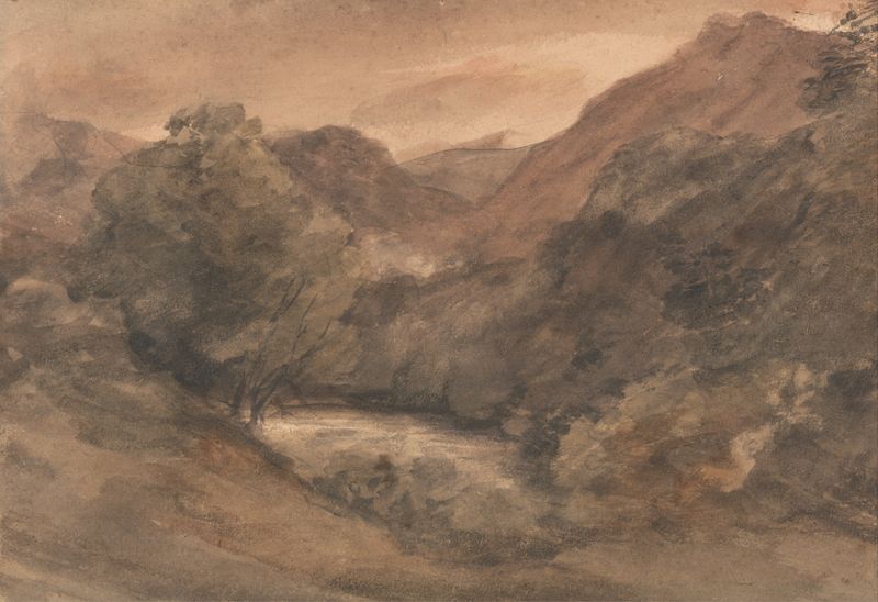 Borrowdale- Evening after a Fine Day, óleo sobre tela de John Constable, retratando uma paisagem fluvial tranquila.