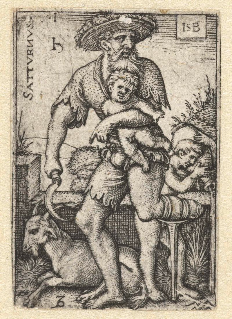Grabado de Hans Sebald Beham que representa a Saturno con las constelaciones de Capricornio y Acuario