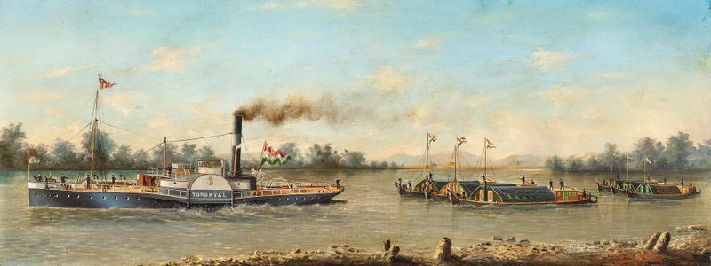 Tugboat TORONTÁL on a Southern Hungarian river, oil on canvas by Ludwig Rubelli von Sturmfest