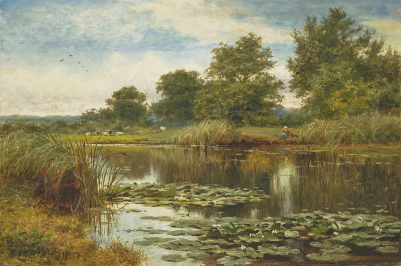 Water Lillies by Benjamin Williams Leader, oil on canvas depicting tranquil water and vibrant flowers.
