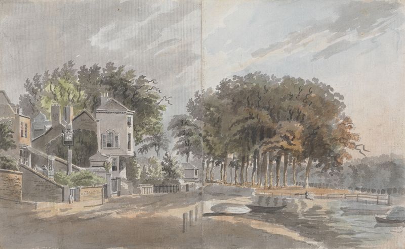 The Swan Inn at Twickenham, oil on canvas by James Miller, depicting a tranquil river scene at twilight.