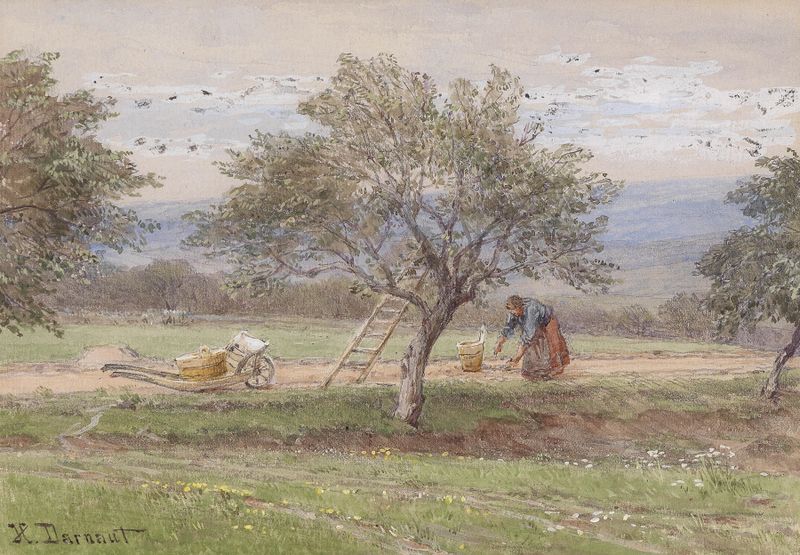Escena de género que representa figuras cosechando en un paisaje exuberante, pintura al óleo de Hugo Darnaut