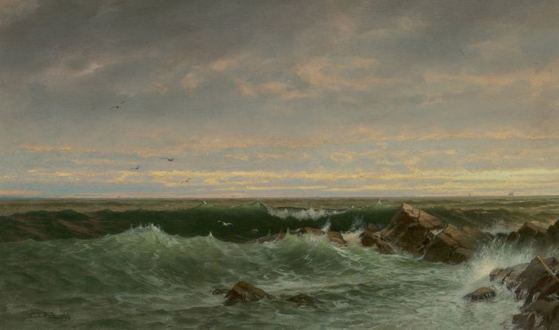 Óleo sobre lienzo de William Trost Richards que representa un brigantín en el mar.