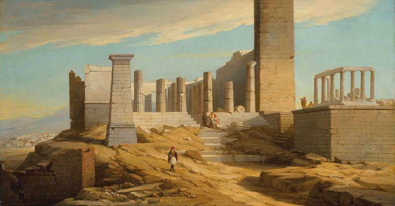 Vista de ruinas clásicas griegas de Florent Mols, pintura al óleo que muestra columnas antiguas en luz dorada
