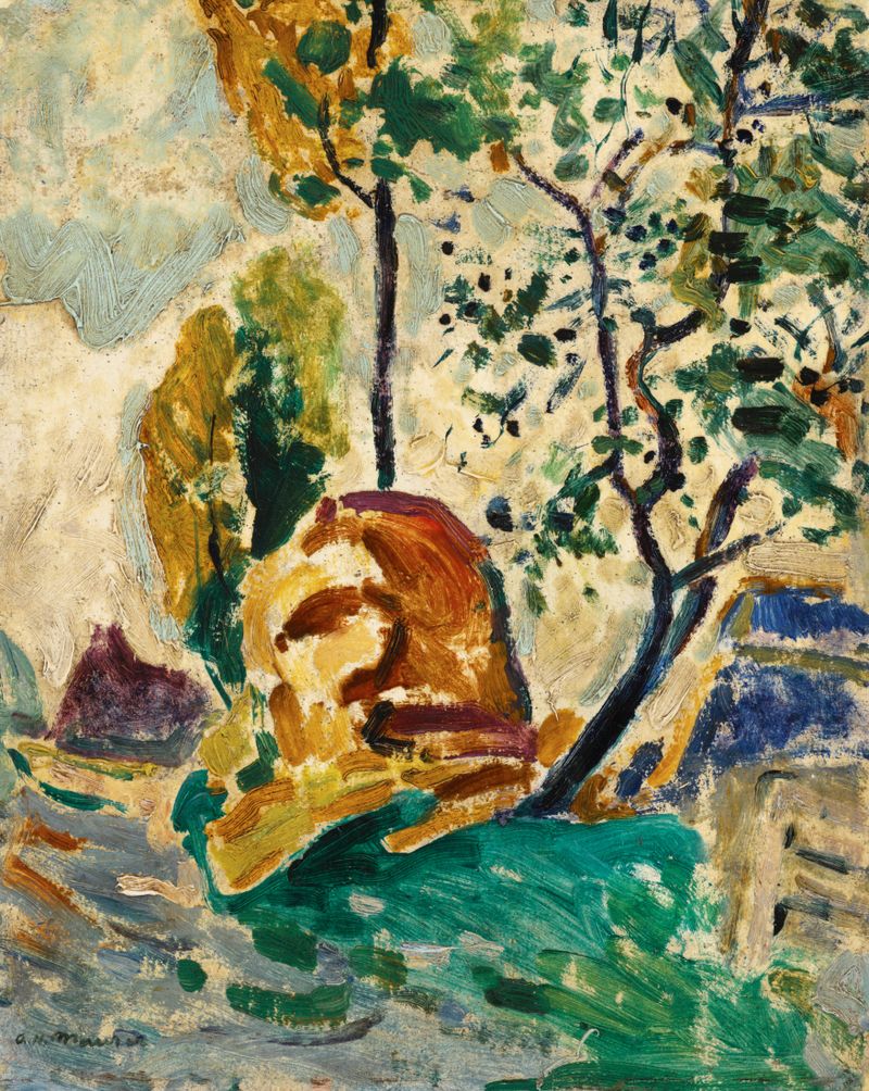 Oil painting by Alfred Henry Maurer depicting a tree and rock in nature.