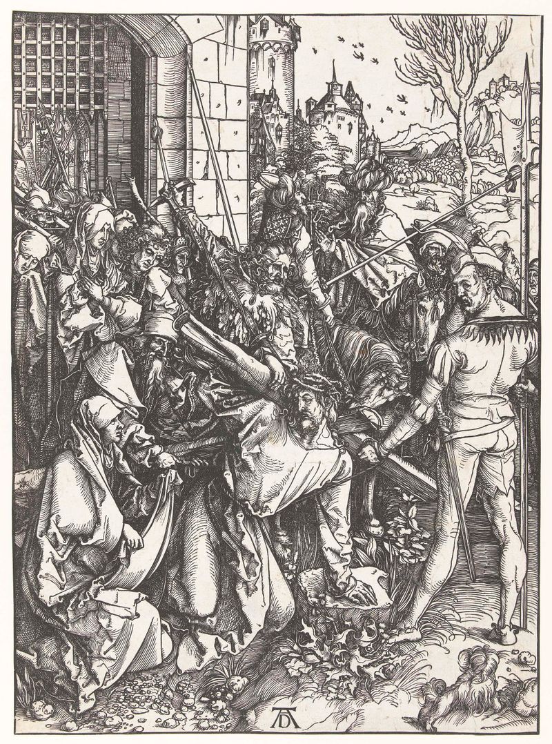 Kruisdraging de Albrecht Dürer, medio papel, que representa a Cristo cargando la cruz con figuras en movimiento.