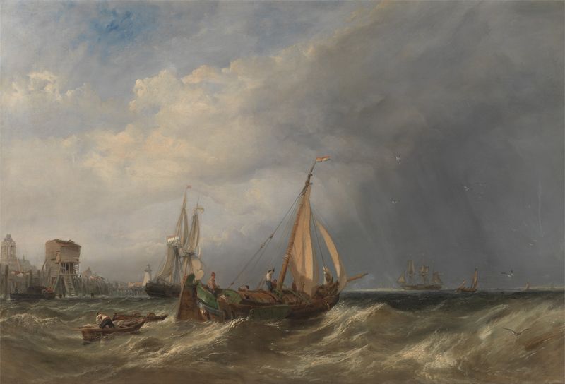 Dutch barge and merchantmen in oil on canvas by Clarkson Stanfield