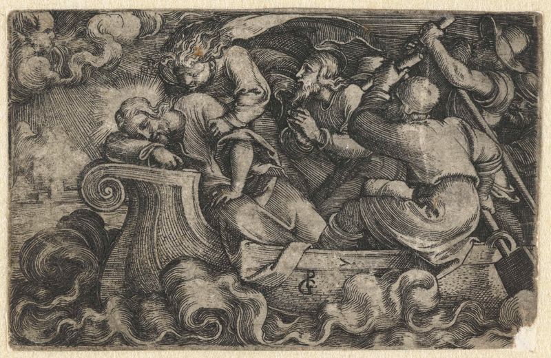 Engraving by Georg Pencz depicting disciples waking Christ during a storm.