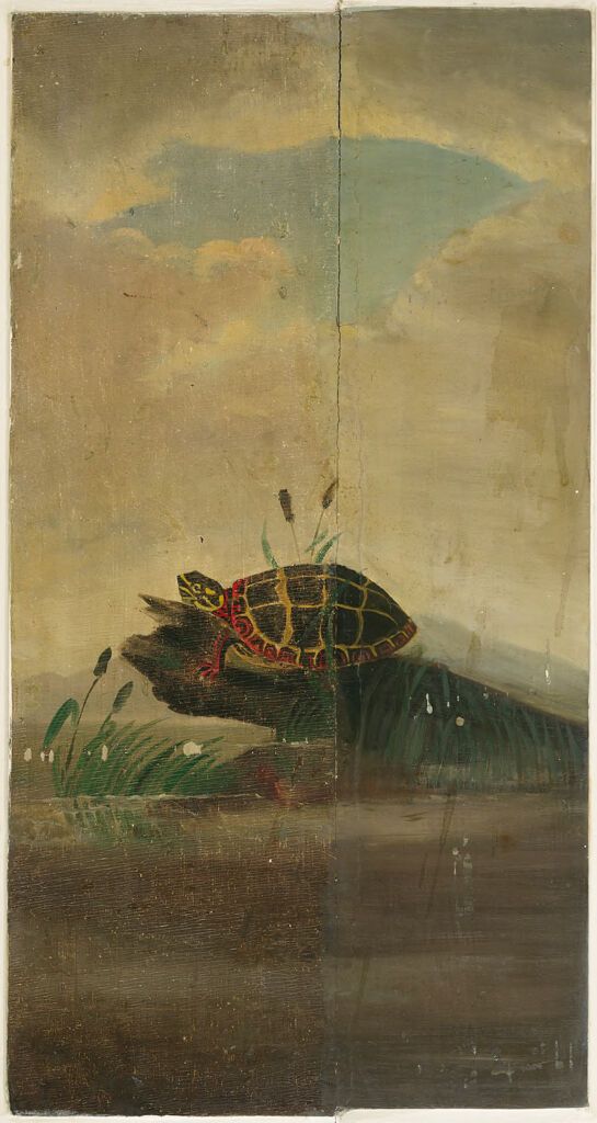 Tortoise resting on a log, wood medium, by William Stanley Haseltine