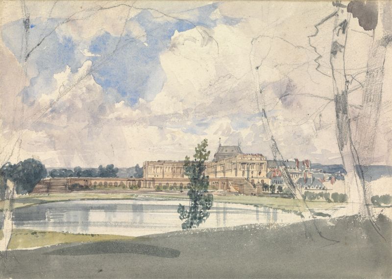 Versalles de Thomas Shotter Boys, óleo sobre lienzo, presenta un palacio bajo la luz del sol y reflejos en el agua.
