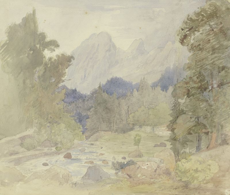 Paisaje con un arroyo y montañas, pintura al óleo de Johann Balthasar Bauer