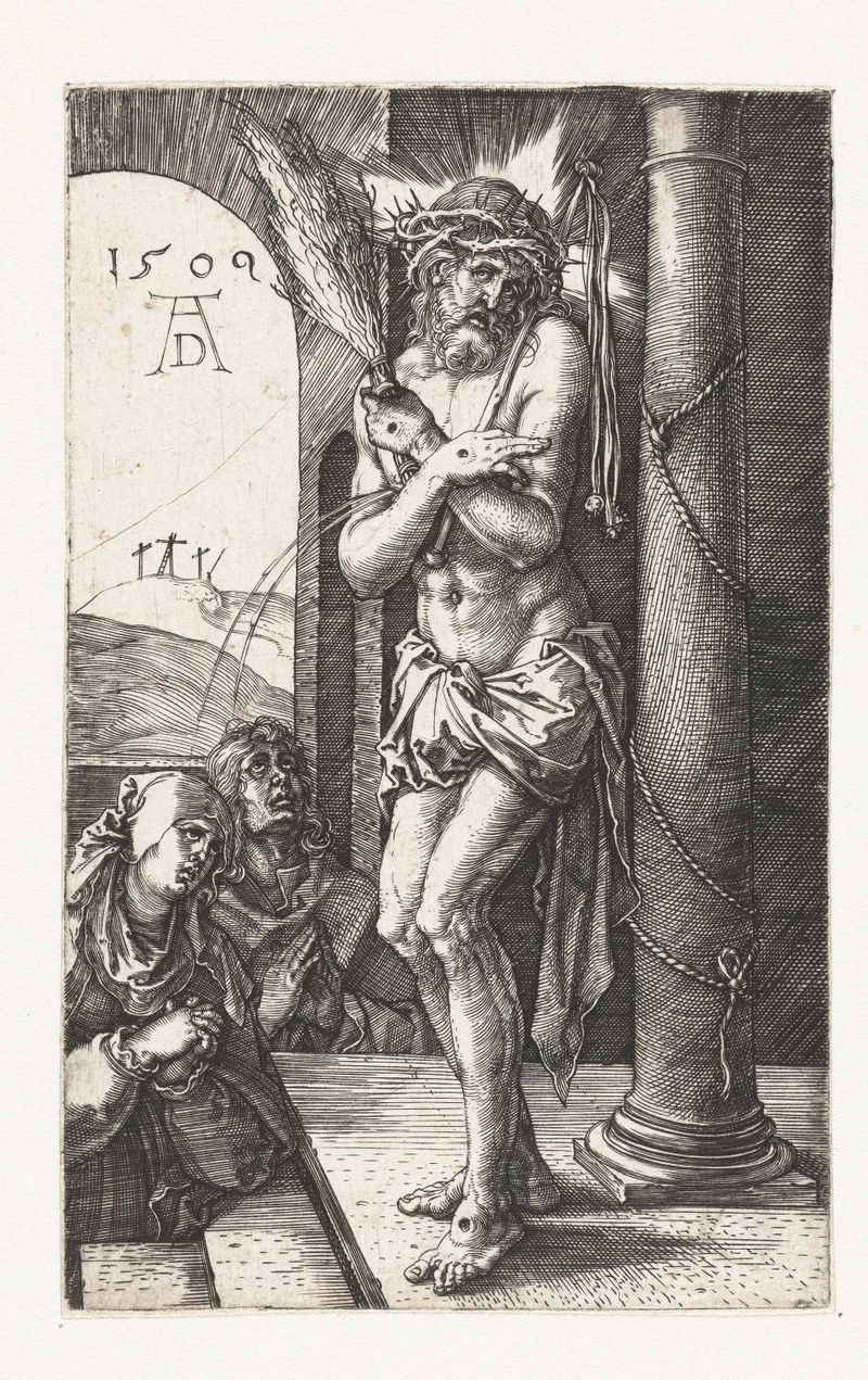 Gravura de Albrecht Dürer retratando Cristo em angústia com feridas visíveis