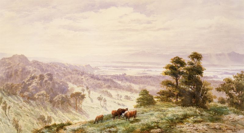 Oil painting by John Gully depicting rolling hills and a reflective river.