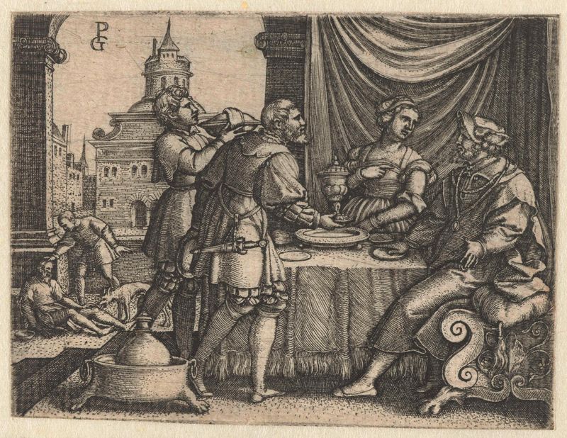 Escena de banquete con una mesa lujosa y comida, grabado de Georg Pencz