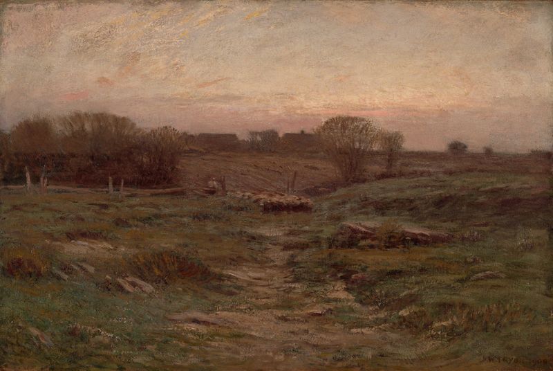 Landscape (Sheep in the Valley) by Dwight William Tryon, oil painting depicting sheep grazing in a valley.