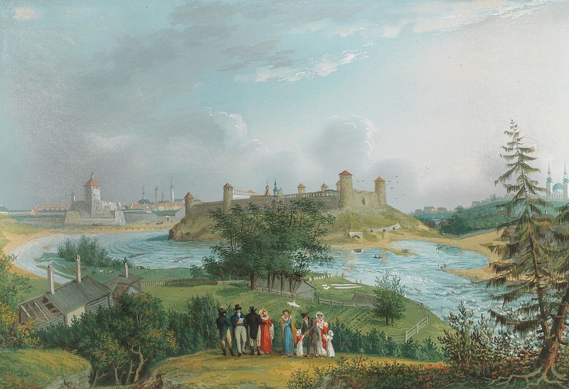 Paisaje con ruinas y torres al atardecer de Johannes Hau, pintura al óleo