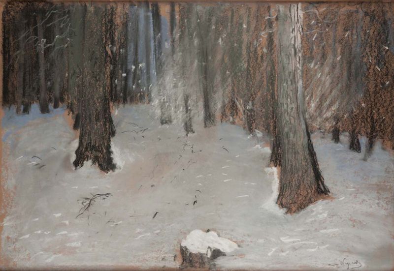 Winter landscape with snow-laden branches, oil painting by Leon Wyczółkowski