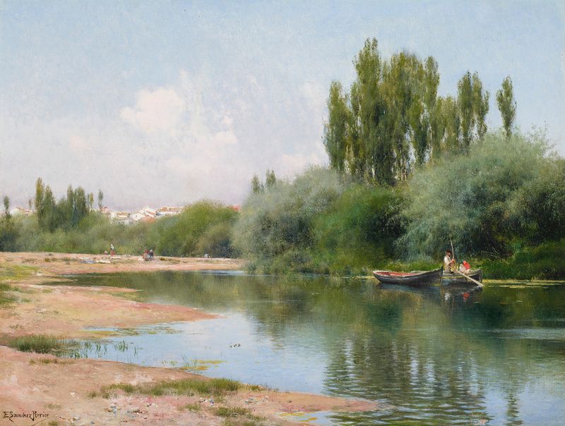 On the Guadalquivir, Seville by Emilio Sánchez-Perrier, impressionist oil painting depicting a river landscape.