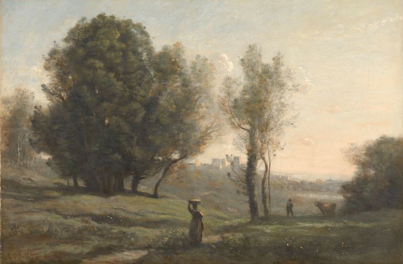 Paisagem de Jean-Baptiste-Camille Corot, óleo sobre tela mostrando colinas e luz.