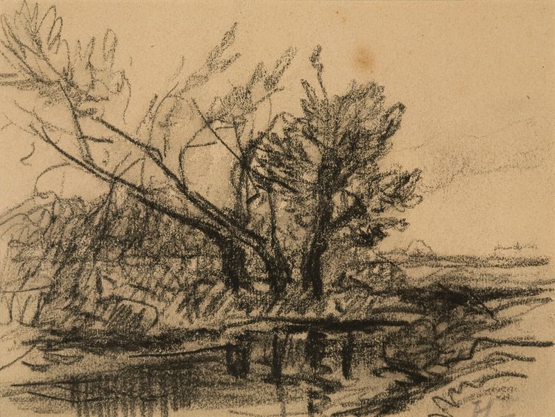 Trees near a pond, oil on canvas by Alphonse Asselbergs, depicting lush greenery and serene water reflections.