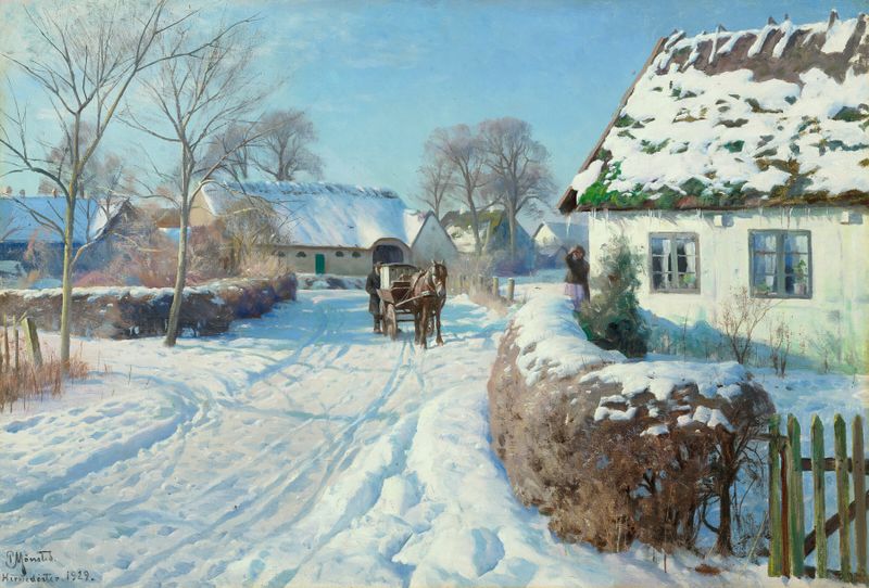 A village in the snow, oil on canvas by Peder Mørk Mønsted