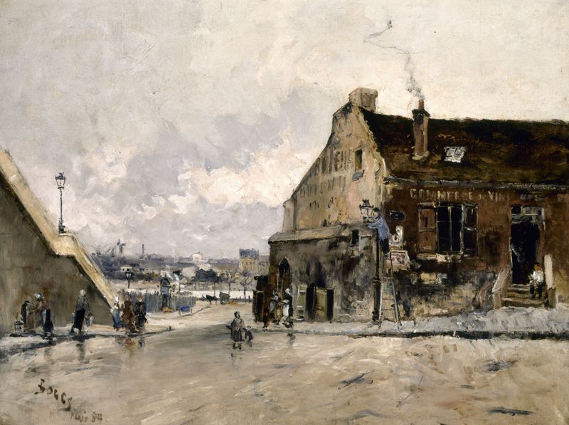 Paisaje al atardecer con calle de adoquines de Frank Myers Boggs, pintura al óleo