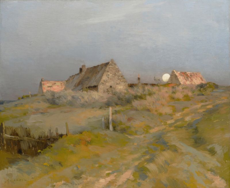 Moonrise de Jean Charles Cazin, pintura al óleo que representa un paisaje al atardecer con colinas y luz de luna.