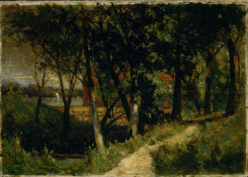 Pintura al óleo de Edward Mitchell Bannister que representa un paisaje con una cerca roja y un edificio