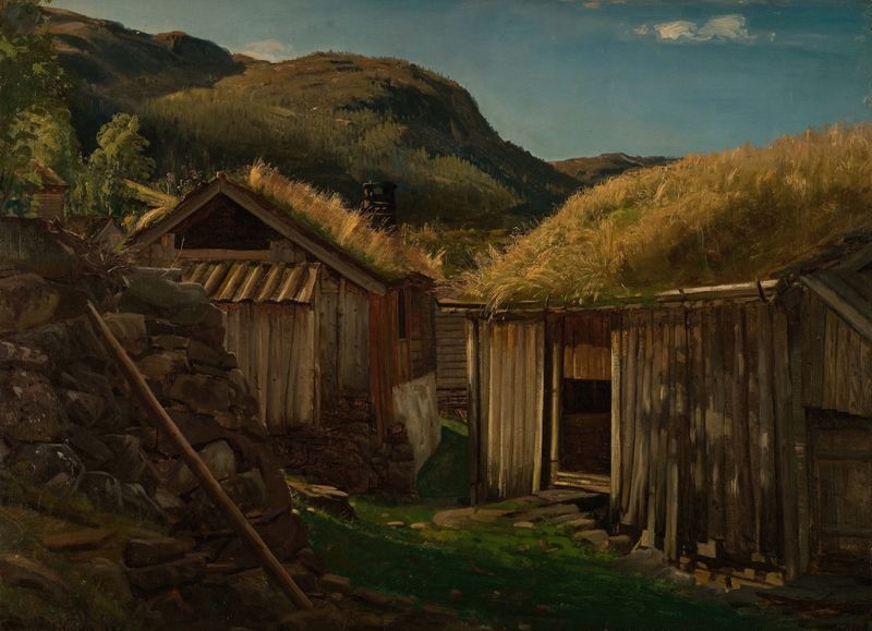 Aarhus, Suldal, Ryfylke de Amaldus Nielsen, óleo sobre tela que retrata uma paisagem tranquila do fiorde.