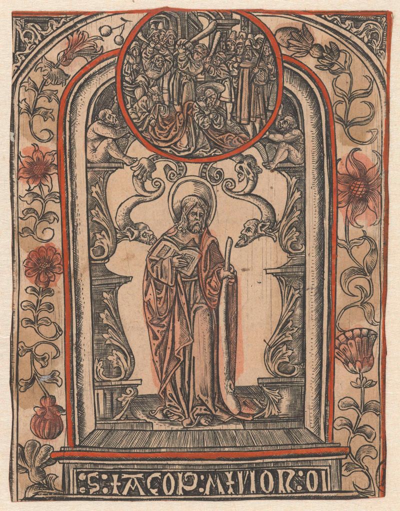 Engraving by Allaert Claesz of the apostle Jakobus Minor in vivid robes against a muted landscape.